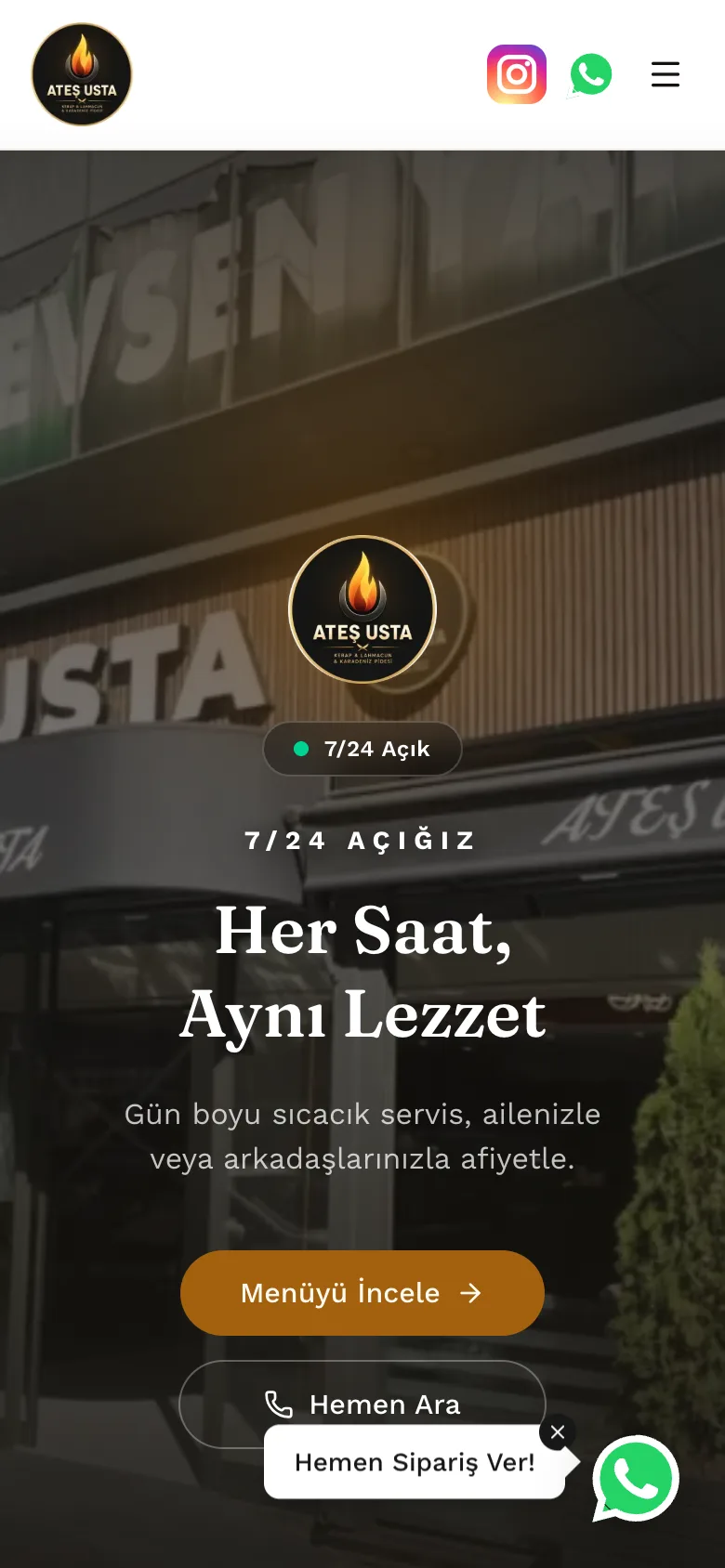 Ateş Usta sitesinin mobil görünümü