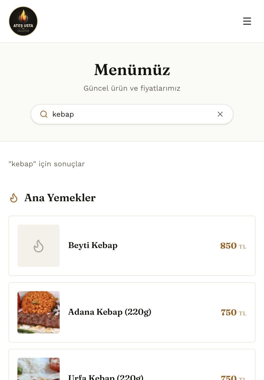 Ateş Usta QR menü — canlı arama sonuçları