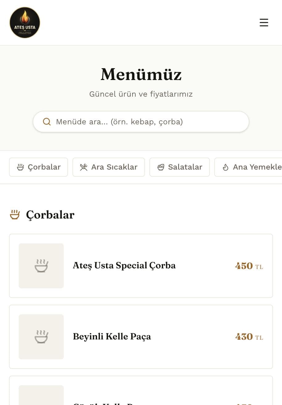 Ateş Usta QR menü — Çorbalar kategori görünümü