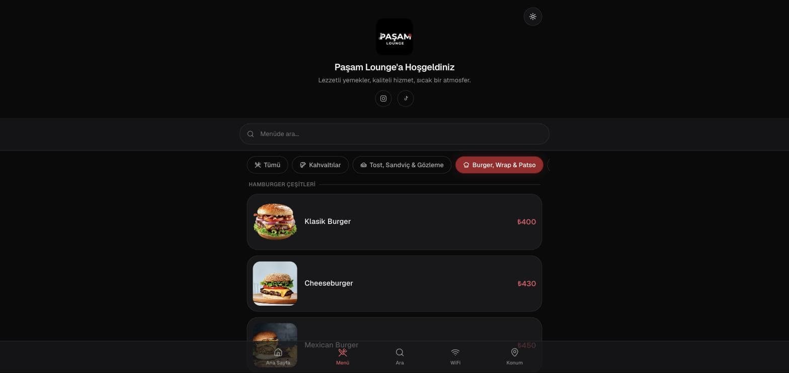 Paşam Lounge QR menu — Burger, Wrap & Fries category