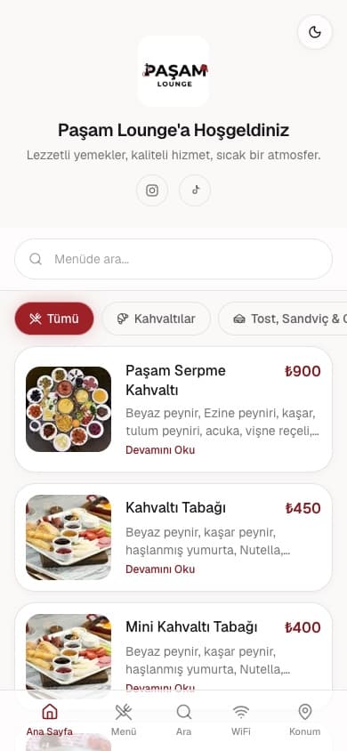 Paşam Lounge QR menü — Kahvaltılar