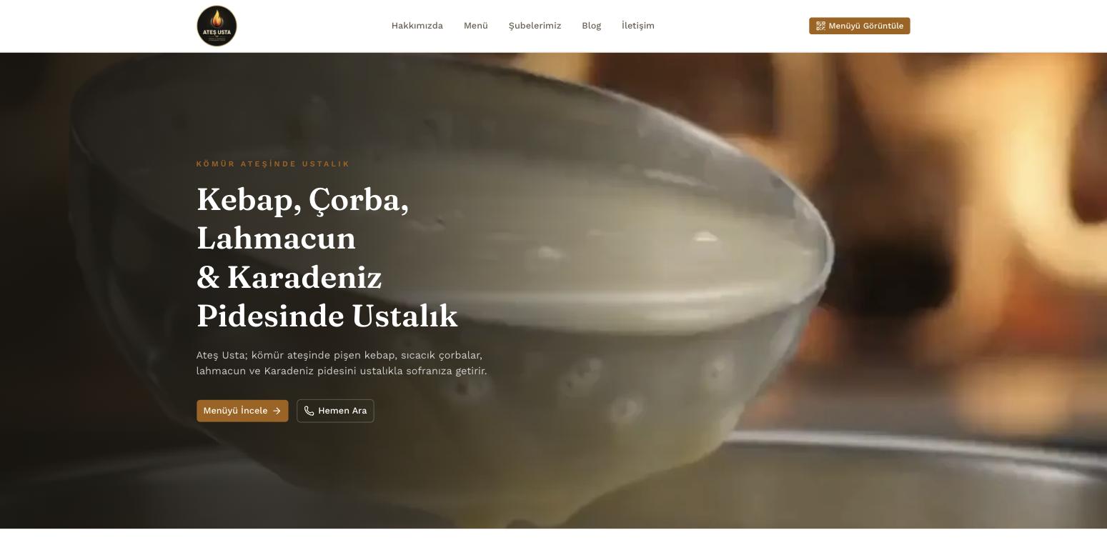 Homepage of the Ateş Usta website, designed by Vinci Studio and appearing organically on Google