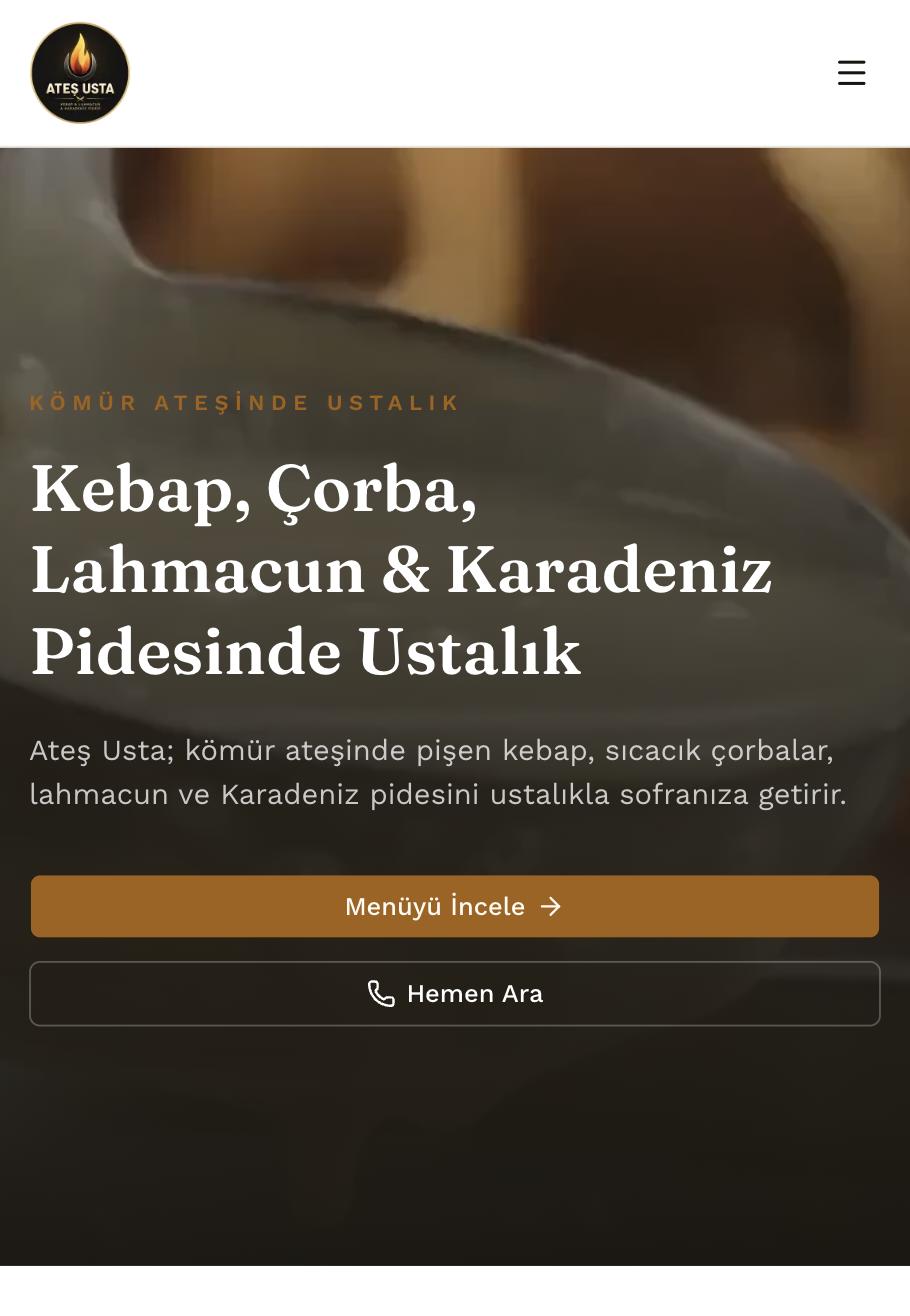 Mobile view of the Ateş Usta website — most organic search traffic comes from mobile devices