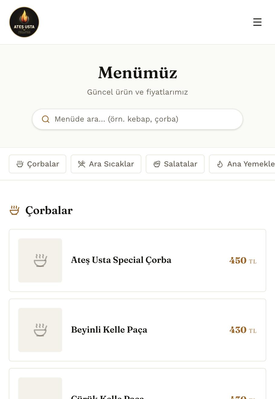 Ateş Usta'nın QR menüsünün mobil görünümü — misafir masada telefonuyla menüye anında erişiyor