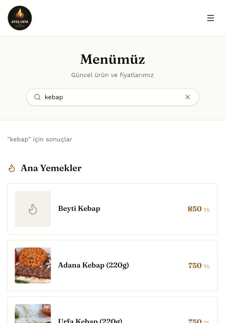 QR menüde canlı ürün arama özelliği — misafir yazmaya başladığı anda ilgili ürünler listeleniyor