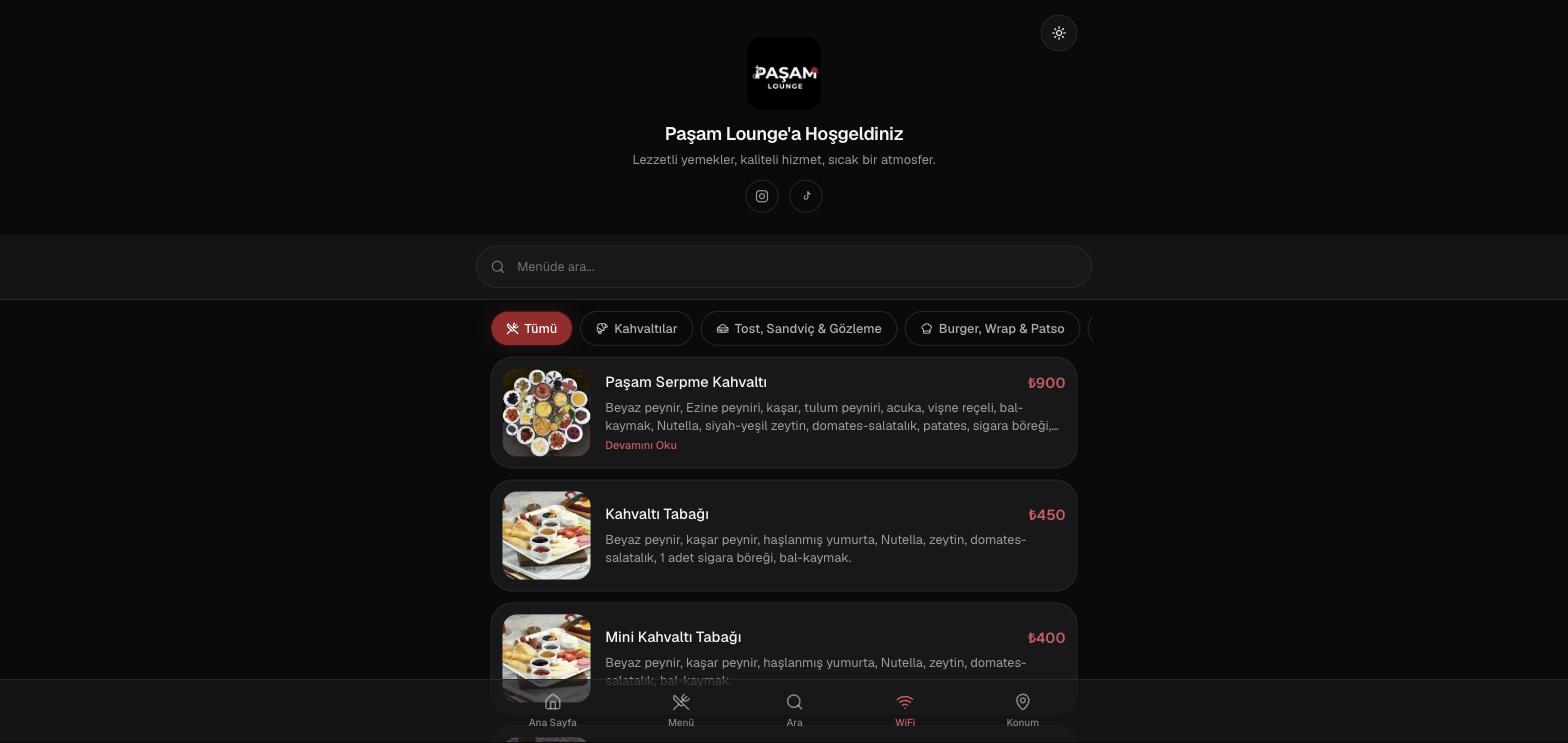 The breakfast category of Paşam Lounge's QR menu — presented on mobile with clear photos and current prices